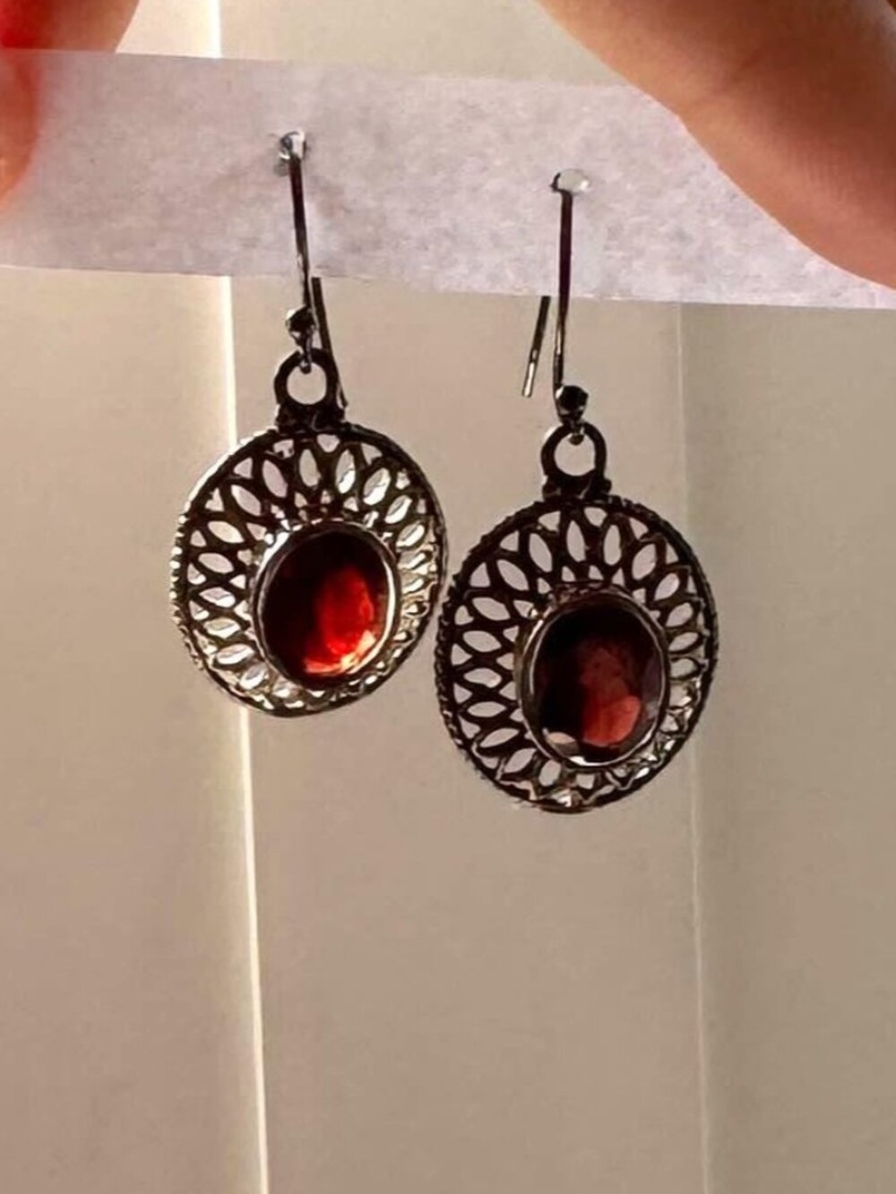 Vintage red garnet gemstone 925 sterling silver drop dangle wire hook earrings